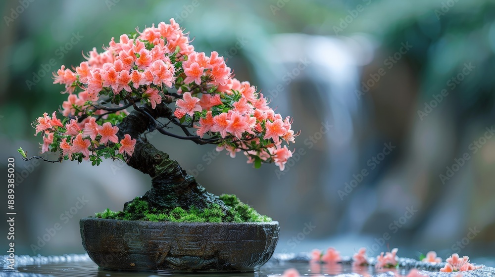 Tranquil azalea bonsai tree with bright flowers in a peaceful riverside scene Tranquil azalea bonsai tree with bright flowers in a peaceful riverside scene