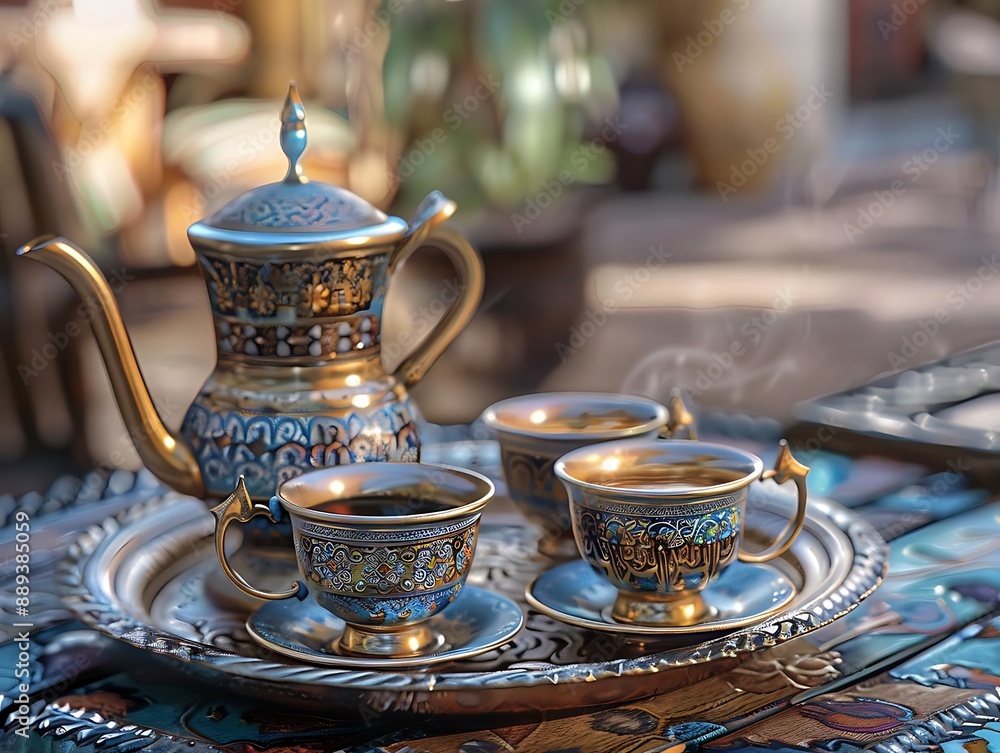 Ornate Gold and Blue Tea Set on Silver Tray - Illustration Ornate Gold and Blue Tea Set on Silver Tray - Illustration