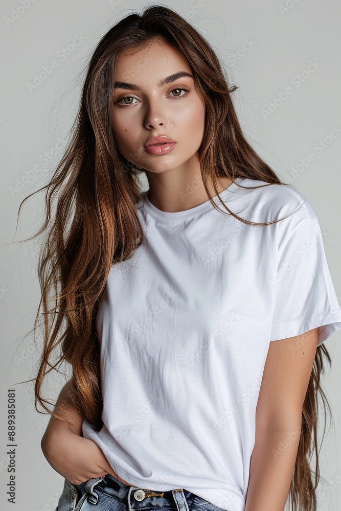 White tshirt mockup on woman model created with Generative AI White tshirt mockup on woman model created with Generative AI