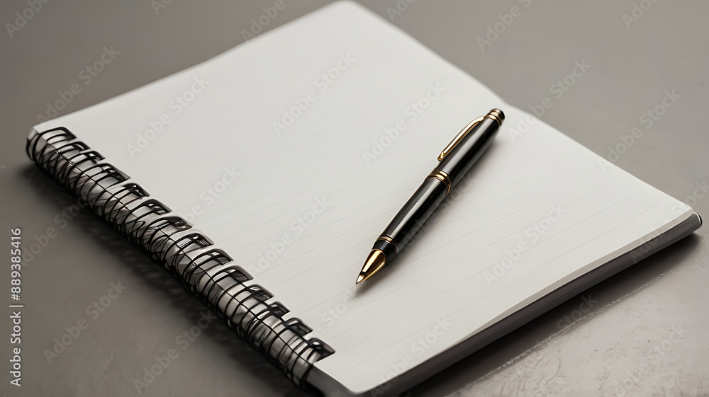 An open notebook with a pen resting on it, placed on a light grey background to keep the focus on the stationery An open notebook with a pen resting on it, placed on a light grey background to keep the focus on the stationery