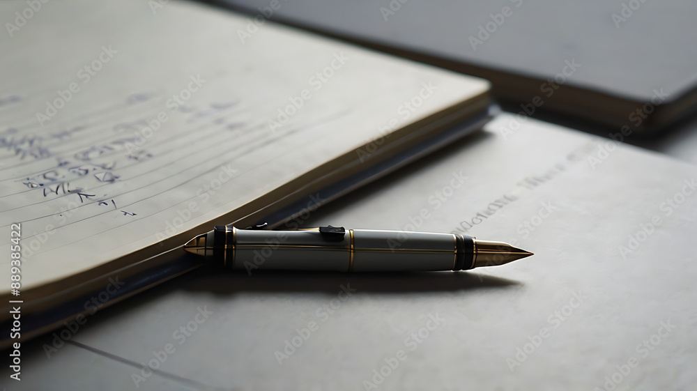 An open notebook with a pen resting on it, placed on a light grey background to keep the focus on the stationery An open notebook with a pen resting on it, placed on a light grey background to keep the focus on the stationery