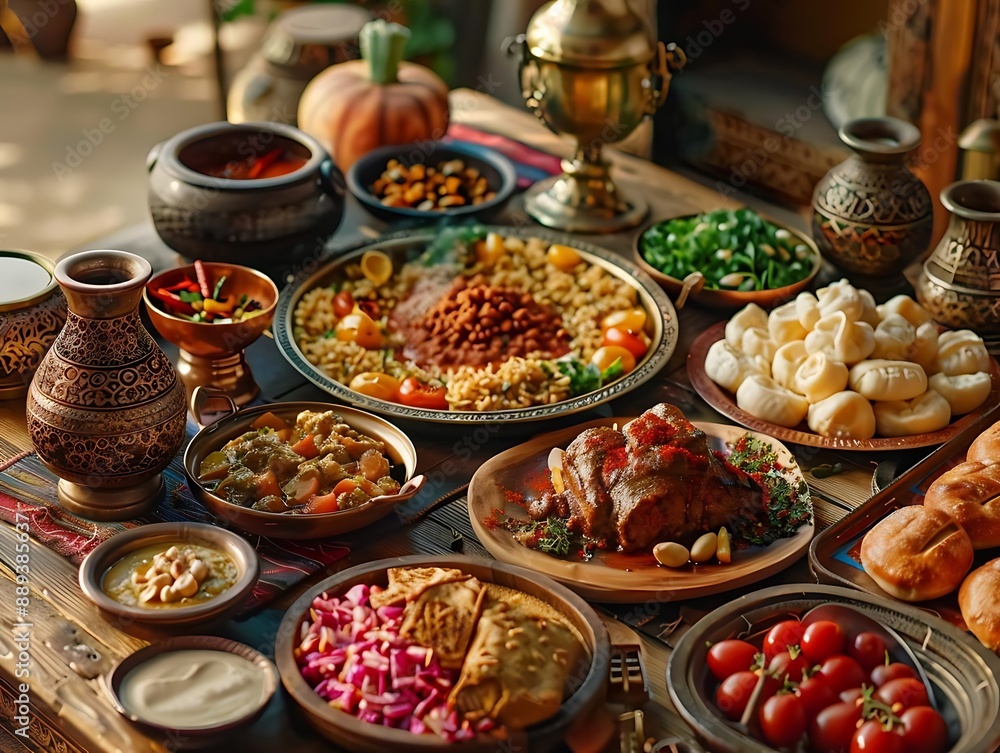 Traditional Middle Eastern Feast: A Photo of a Table Set with Delicious Food and Ornate Serving Dishes Traditional Middle Eastern Feast: A Photo of a Table Set with Delicious Food and Ornate Serving Dishes