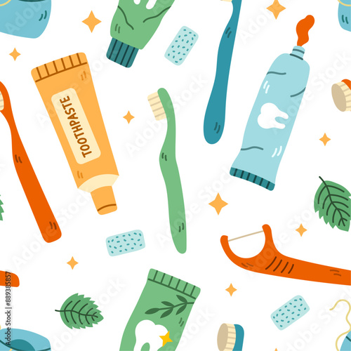 Seamless tooth brushing pattern on a white background