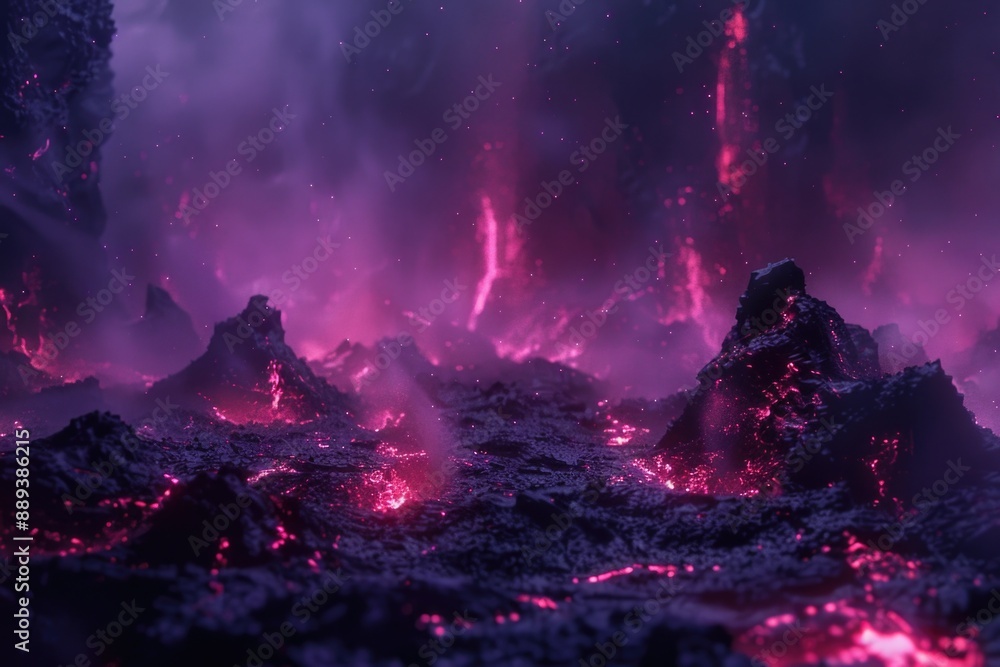 A dark volcanic landscape with molten lava, featuring purple and black hues A dark volcanic landscape with molten lava, featuring purple and black hues
