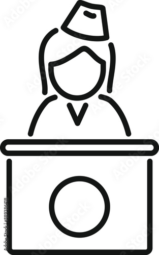 Line art icon of a female politician giving a speech from a tribune, perfect for political or social commentary projects