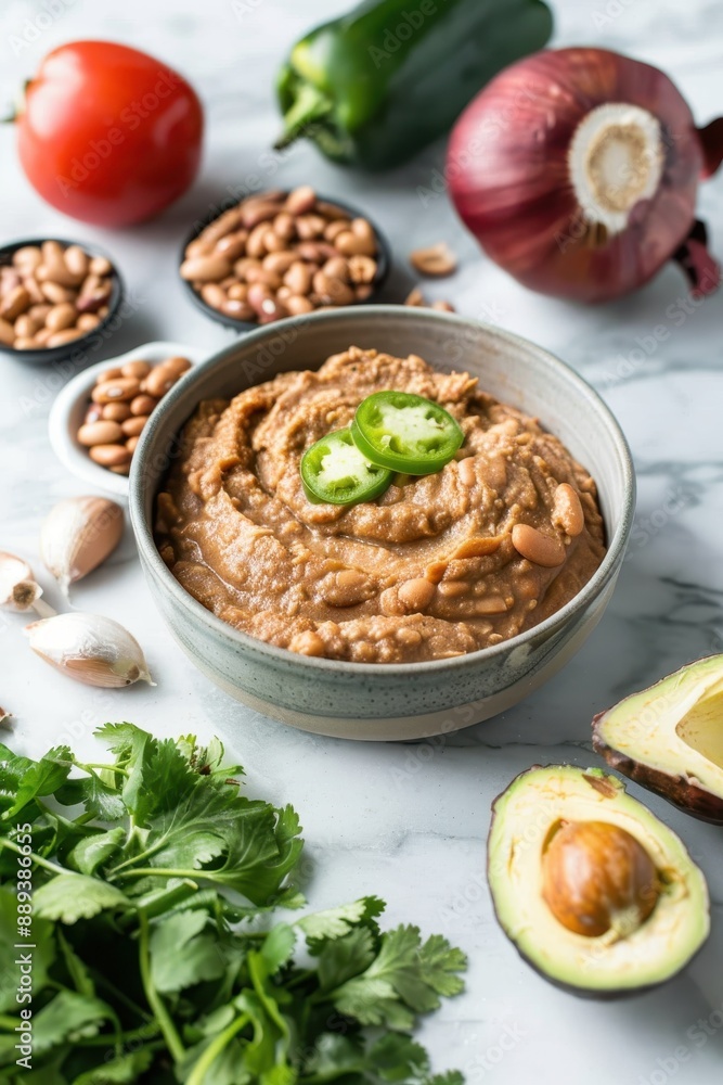 A white bowl of chili with a yellow lemon on the table. There are several bowls of food and condiments on the table A white bowl of chili with a yellow lemon on the table. There are several bowls of food and condiments on the table