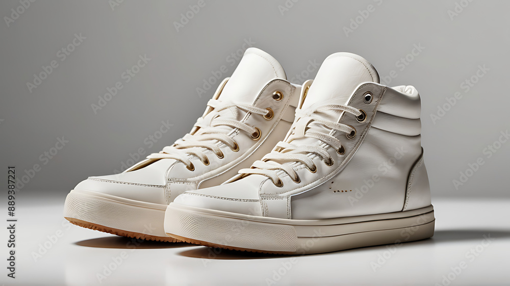 A pair of trendy sneakers positioned side by side on a plain white background, showcasing the design A pair of trendy sneakers positioned side by side on a plain white background, showcasing the design