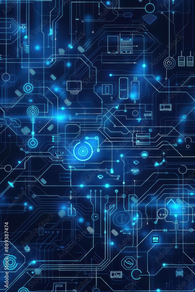 A computer chip is shown in a blue and black color scheme. The chip is surrounded by a network of blue and black lines, which represent the circuitry of the chip A computer chip is shown in a blue and black color scheme. The chip is surrounded by a network of blue and black lines, which represent the circuitry of the chip