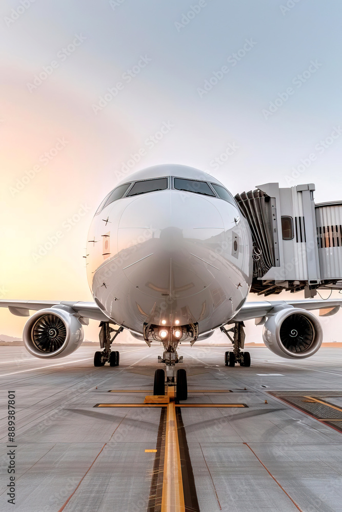 Front view of a large aircraft at sunrise, docked at the airport gate, ready for boarding Front view of a large aircraft at sunrise, docked at the airport gate, ready for boarding