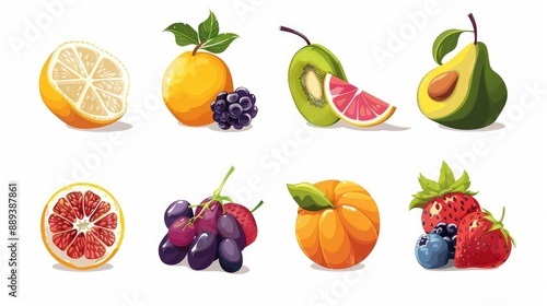 Set of 9 cartoon fruit icons, modern and stylized, arranged symmetrically on a white background