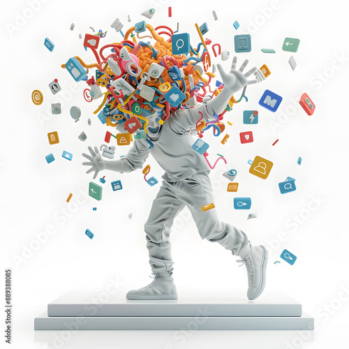 Social media addiction, with a 3D rendering head bursting open from the pressure of excessive information.information illustrated by brain exploding .