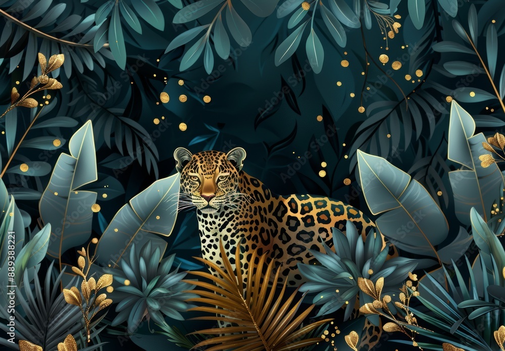 Tropical art nouveu, art deco print with leopard and leaves. Stock Tropical art nouveu, art deco print with leopard and leaves. Stock
