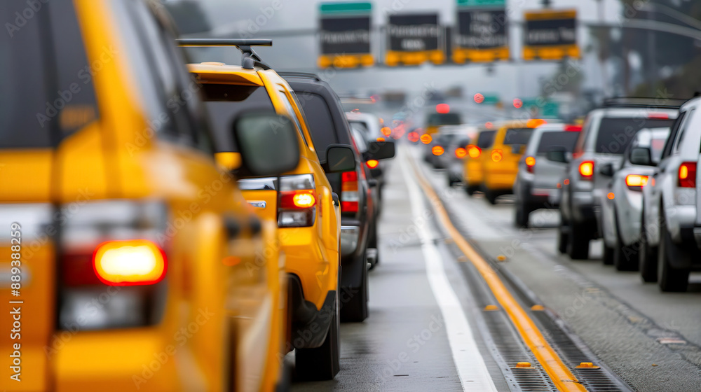 Heavy traffic jam with yellow taxi cabs and other vehicles on a city highway during a rainy day, blurred background with focused foreground. Heavy traffic jam with yellow taxi cabs and other vehicles on a city highway during a rainy day, blurred background with focused foreground.