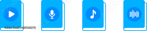 audiobook, blue icon. Play, sound, music, note, microphone icons. Audio guide.