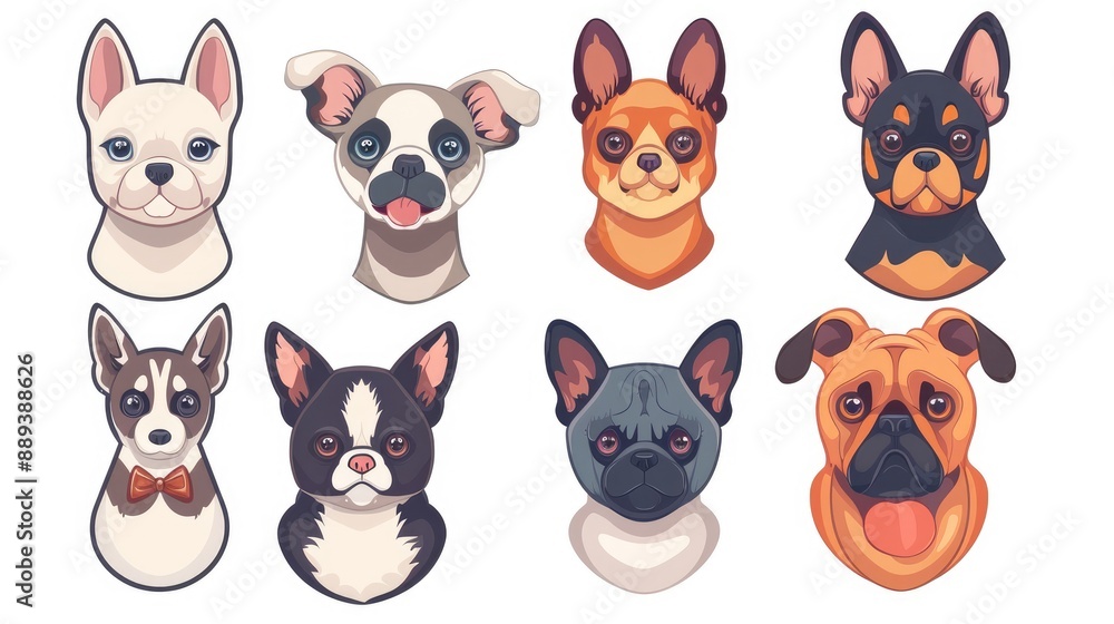 Set of 9 cartoon pet icons, modern and stylized, arranged symmetrically on a white background Set of 9 cartoon pet icons, modern and stylized, arranged symmetrically on a white background