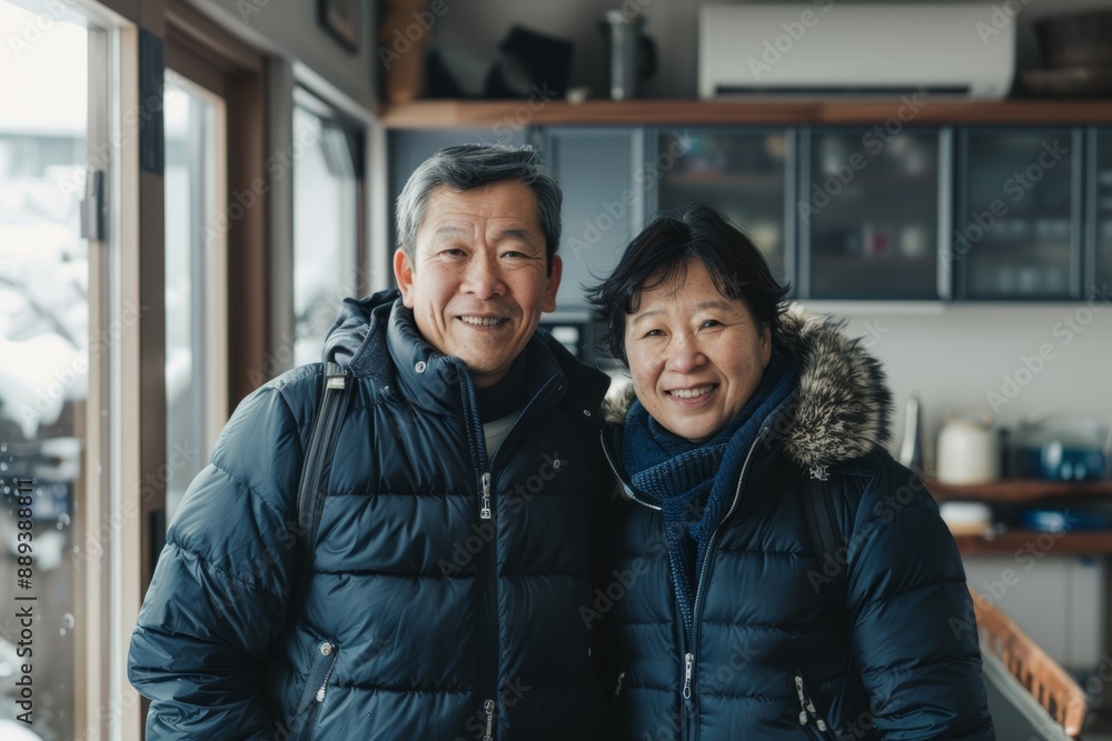 Portrait of a content asian couple in their 40s donning a durable down jacket in scandinavian-style interior background Portrait of a content asian couple in their 40s donning a durable down jacket in scandinavian-style interior background