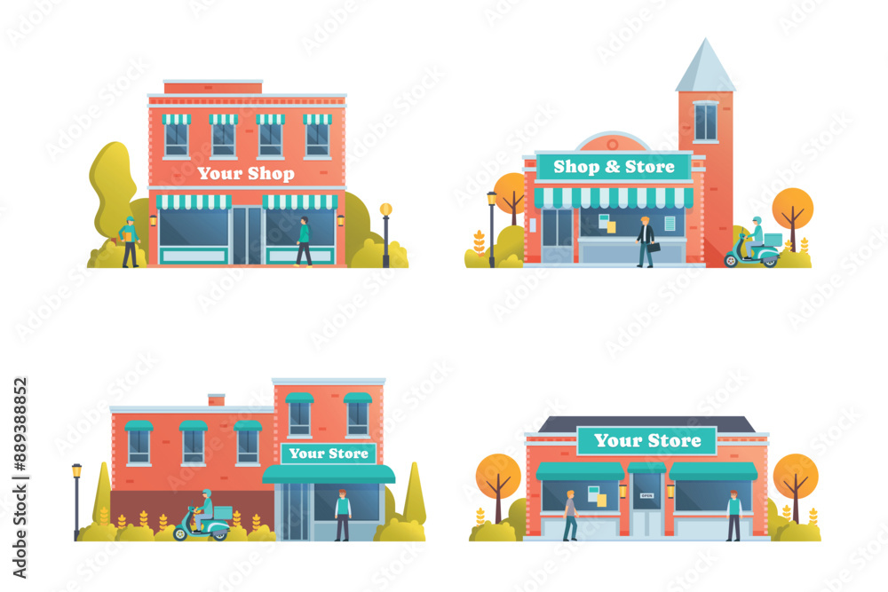 Shop and store building collection, vector illustration premium detail flat style isolated on white, front view. Shop and store building collection, vector illustration premium detail flat style isolated on white, front view.