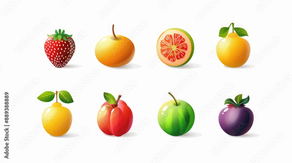 Set of 9 fruit icons, modern and symmetrically arranged on white background Set of 9 fruit icons, modern and symmetrically arranged on white background
