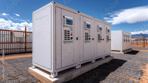 Outdoor industrial power station with control panels under a clear blue sky, illustrating energy storage and infrastructure.