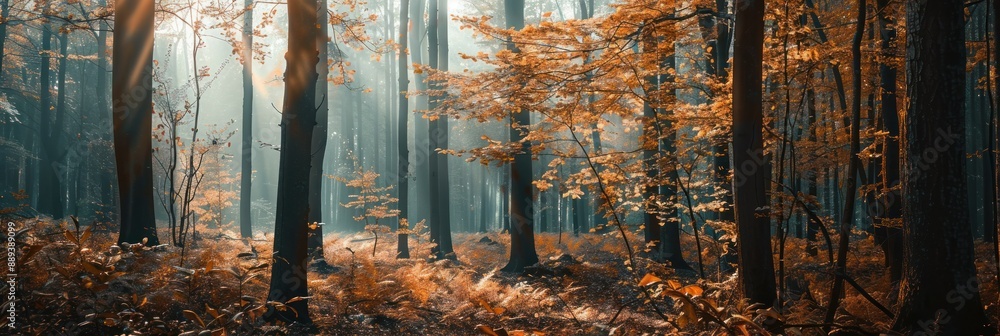 Fototapeta premium An autumn forest, panoramic poster with