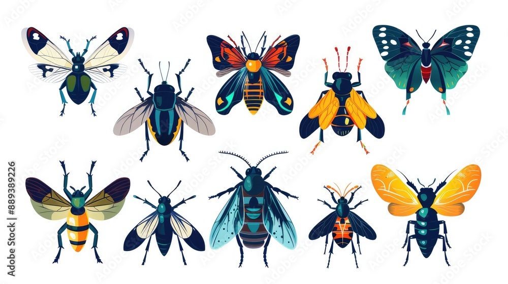 Set of 9 modern and stylized insect icons, arranged symmetrically on a white background Set of 9 modern and stylized insect icons, arranged symmetrically on a white background