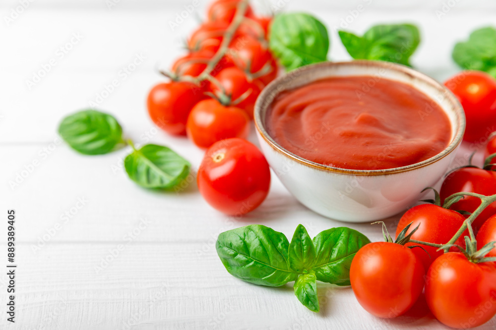 Tomato paste, sauce, ketchup in a bowl and cherry tomatoes with fresh basil leaves on a textured wooden background. Vitamins and detox diet. Vegetable and vegetarian food. Space for text. Copy space. Tomato paste, sauce, ketchup in a bowl and cherry tomatoes with fresh basil leaves on a textured wooden background. Vitamins and detox diet. Vegetable and vegetarian food. Space for text. Copy space.