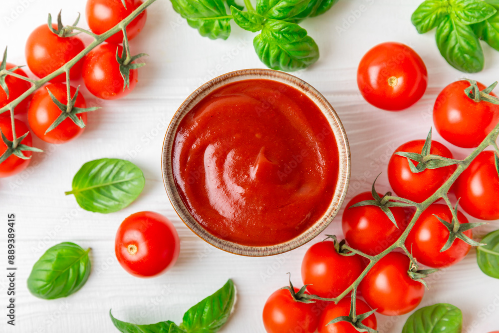 Tomato paste, sauce, ketchup in a bowl and cherry tomatoes with fresh basil leaves on a textured wooden background. Vitamins and detox diet. Vegetable and vegetarian food. Space for text. Copy space. Tomato paste, sauce, ketchup in a bowl and cherry tomatoes with fresh basil leaves on a textured wooden background. Vitamins and detox diet. Vegetable and vegetarian food. Space for text. Copy space.
