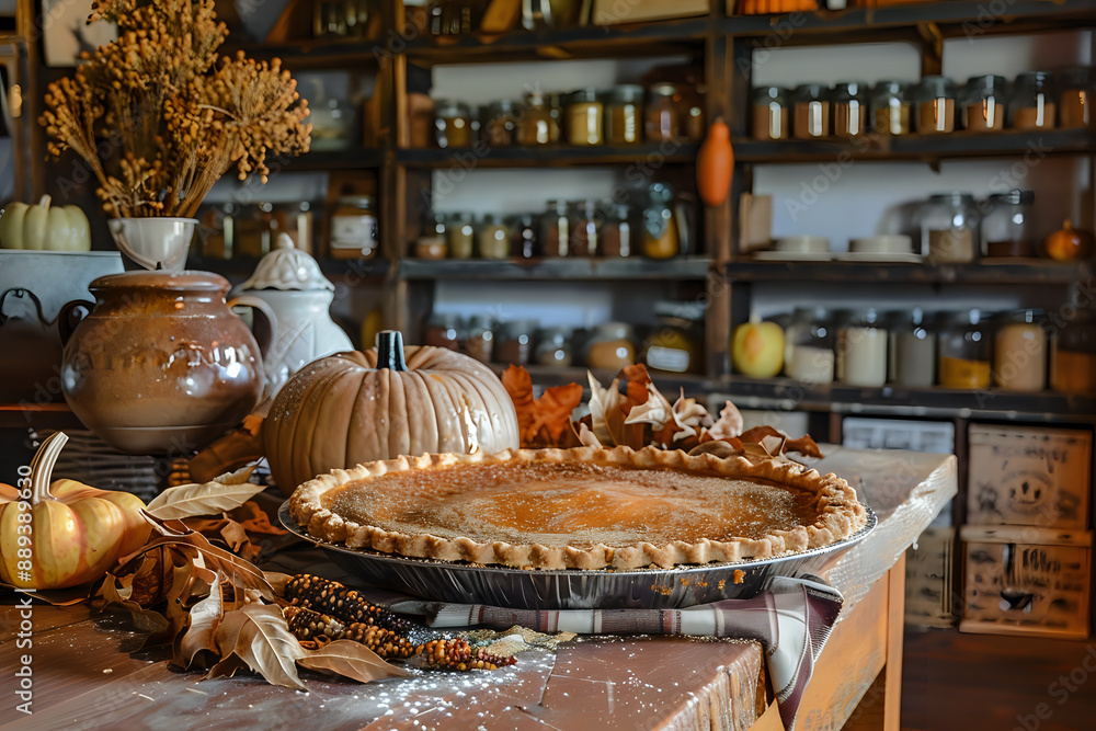 Fototapeta premium Rustic pumpkin pie on vintage farmhouse table