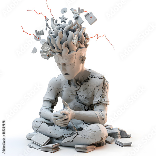 Social media addiction, with a 3D rendering head bursting open from the pressure of excessive information.information illustrated by brain exploding .