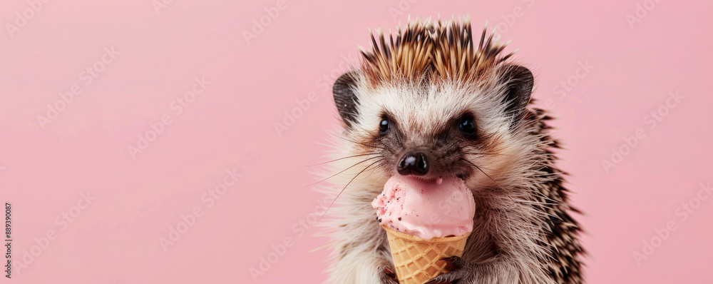 A charming hedgehog enjoying a cookies and cream ice cream cone, set against a pale pink backdrop. The hedgehog's spines are slightly raised, and the ice cream looks delectable. A charming hedgehog enjoying a cookies and cream ice cream cone, set against a pale pink backdrop. The hedgehog's spines are slightly raised, and the ice cream looks delectable.