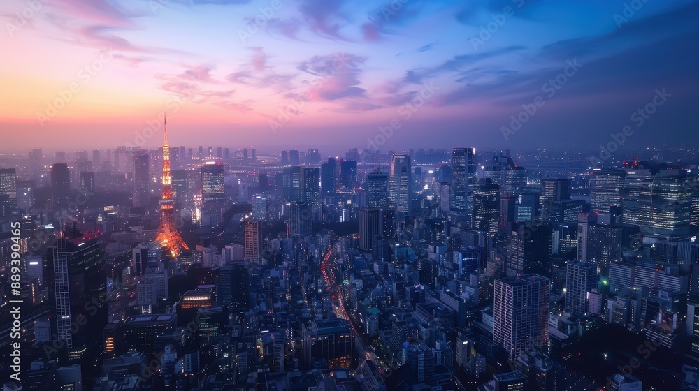 Fototapeta premium A city skyline at dusk with a pink and purple sky. The city is lit up with lights and the buildings are tall