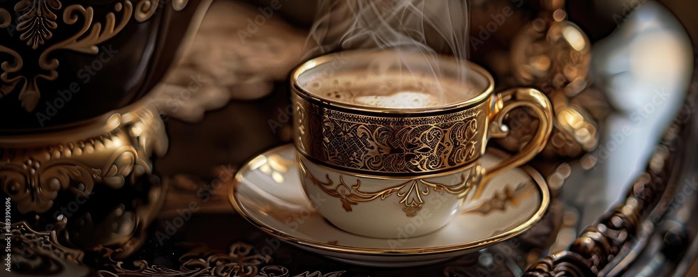 Elegant porcelain teacup with intricate gold design, steaming hot coffee, placed on a vintage table, creating a warm ambiance. Elegant porcelain teacup with intricate gold design, steaming hot coffee, placed on a vintage table, creating a warm ambiance.