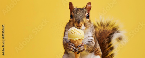 A cheerful squirrel with a pistachio ice cream cone, sitting against a soft yellow backdrop. The squirrel's tail is bushy, and the ice cream looks nutty and delicious. photo