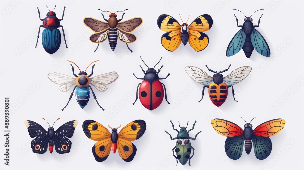 Set of 9 modern, stylized cartoon insect icons arranged symmetrically on white background Set of 9 modern, stylized cartoon insect icons arranged symmetrically on white background