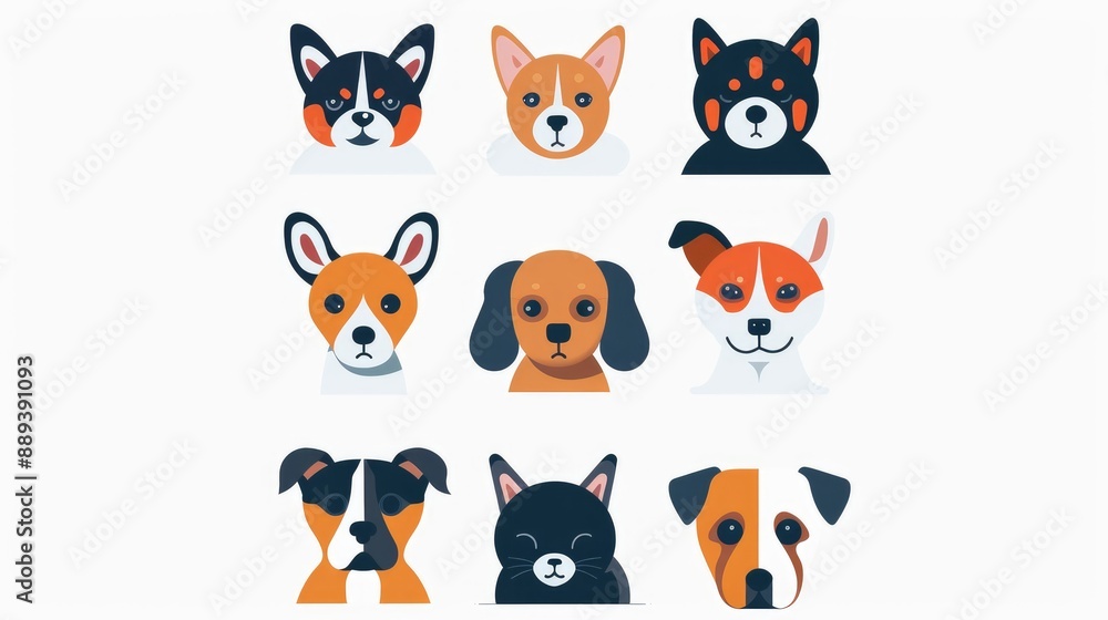 Fototapeta premium Set of 9 sleek, modern pet icons arranged symmetrically on white background