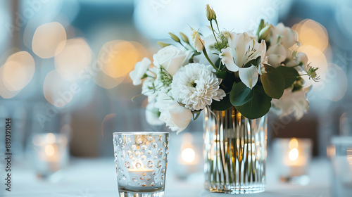 Elegant white flowers in a vase with candles on a table.