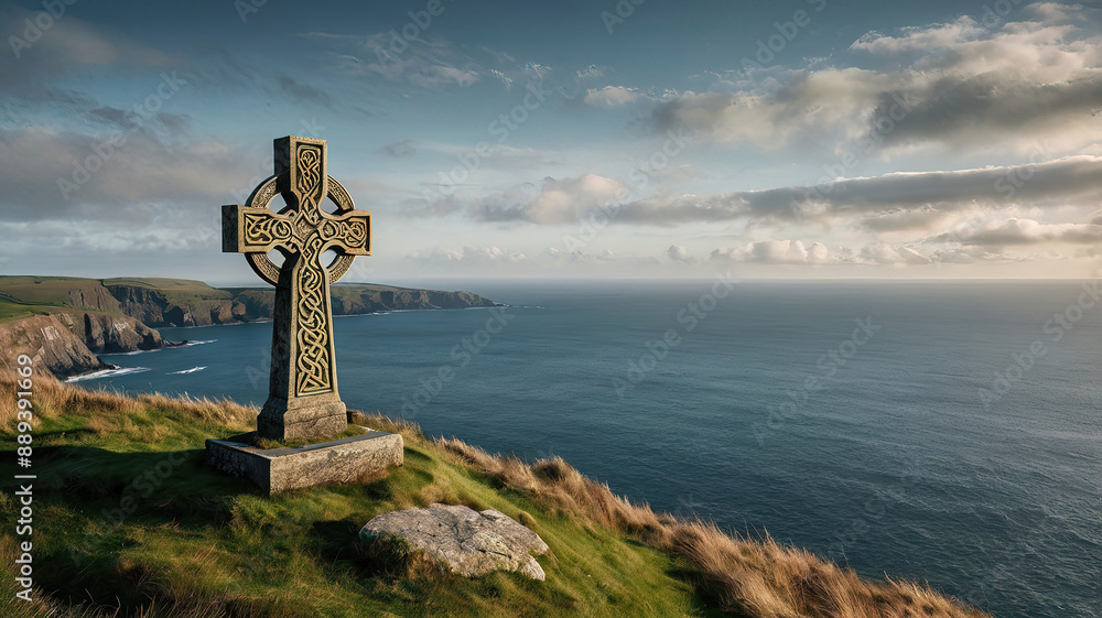 A Celtic cross stands on a grassy cliff overlooking the ocean. A Celtic cross stands on a grassy cliff overlooking the ocean.
