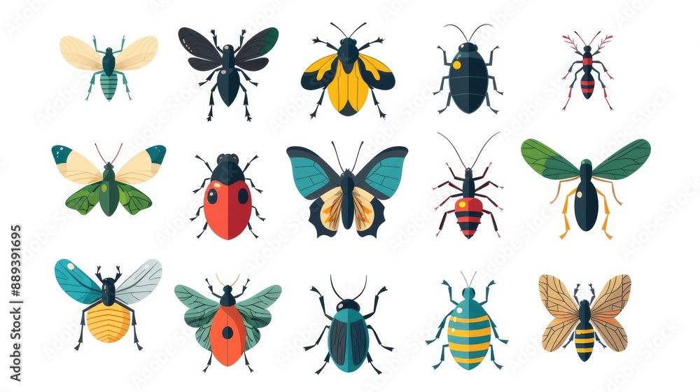 Set of 9 stylized insect icons, modern and symmetrically arranged on white background Set of 9 stylized insect icons, modern and symmetrically arranged on white background