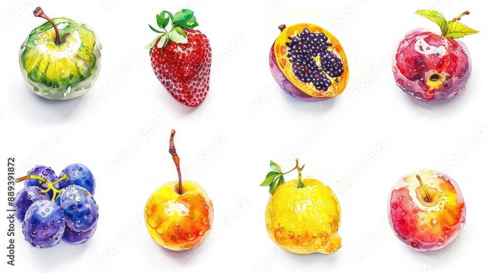 Set of 9 stylized, modern fruit painting icons arranged symmetrically on white background Set of 9 stylized, modern fruit painting icons arranged symmetrically on white background