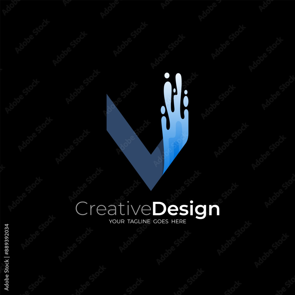 V logo with water swoosh design combination, blue color V logo with water swoosh design combination, blue color