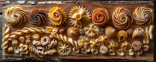 Obraz  z motywem A collection of different types of pasta displayed on a rustic wooden board. The assortment includes spirals, shells, and ribbons, each piece highlighting its unique texture and shape.
