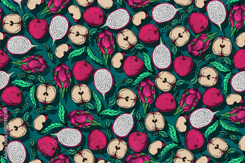 seamless pattern apple and dragon fruit vector drawing