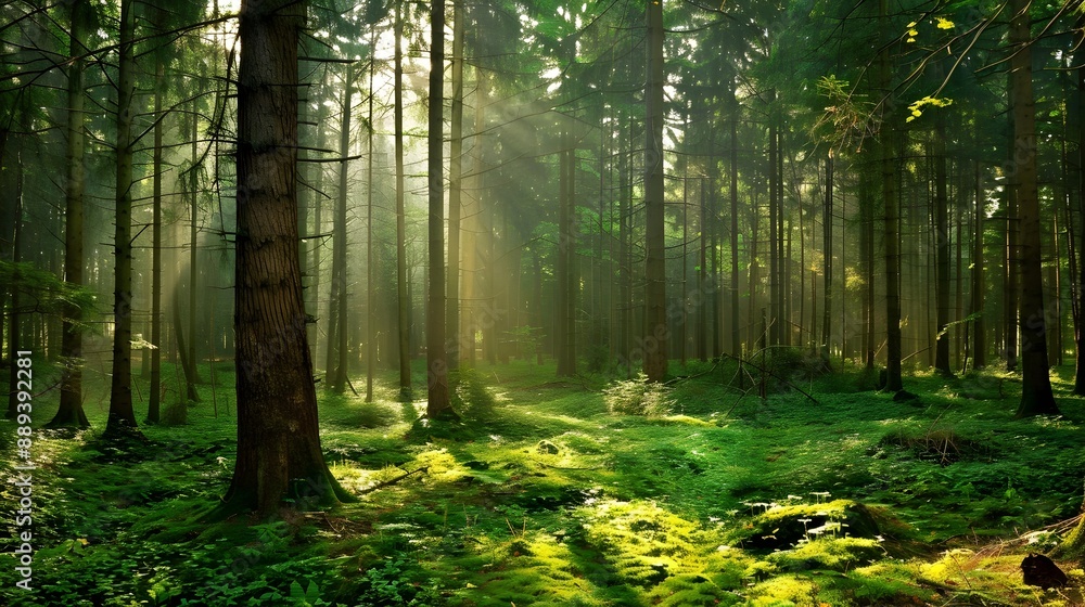 Enchanting Sunlit Forest with Lush Greenery and Peaceful Ambiance Enchanting Sunlit Forest with Lush Greenery and Peaceful Ambiance