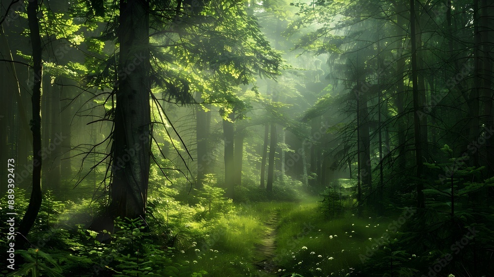 Fototapeta premium Enchanting Forest Path Shrouded in Lush Foliage and Misty Ambiance