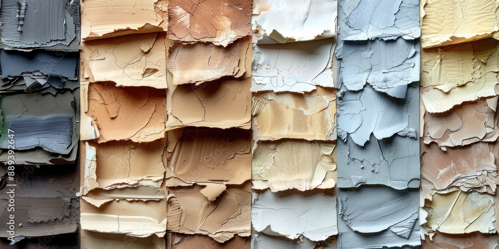 A selection of paint samples with varied colors, textures, and cracked surfaces A selection of paint samples with varied colors, textures, and cracked surfaces