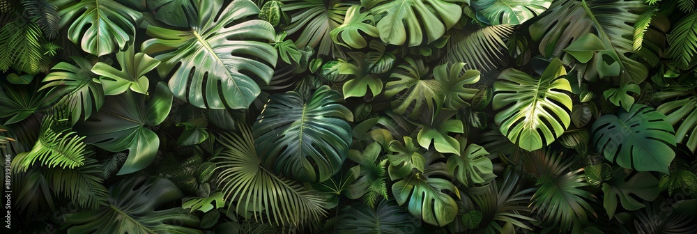 The background is a natural green background of Monstera, ferns, and palm leaves such as the ones found in tropical foliage plants. The background is a natural green background of Monstera, ferns, and palm leaves such as the ones found in tropical foliage plants.