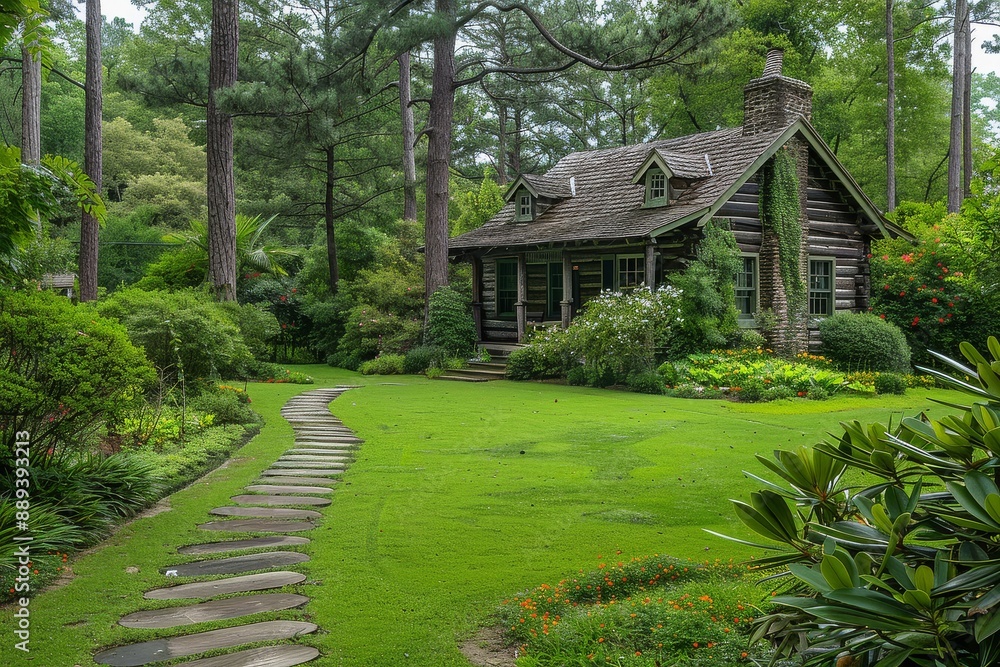 Beautiful large garden in North Carolina woods with lush grass, ornamental trees and shrubs, inviting walkway to a home, ideal for landscaping marketing. Beautiful large garden in North Carolina woods with lush grass, ornamental trees and shrubs, inviting walkway to a home, ideal for landscaping marketing.