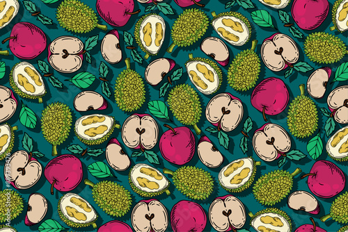 Foto seamless pattern apple and durian vector drawing