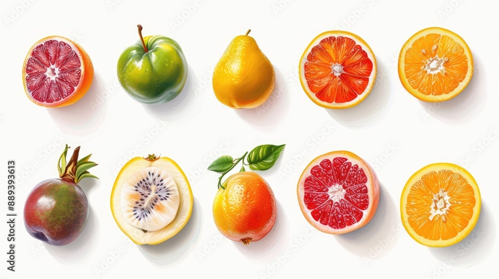 Set of 9 stylized, modern fruit painting icons arranged symmetrically on white background Set of 9 stylized, modern fruit painting icons arranged symmetrically on white background