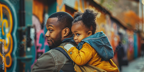 A black father carrying his daughter on his back. Love and family.